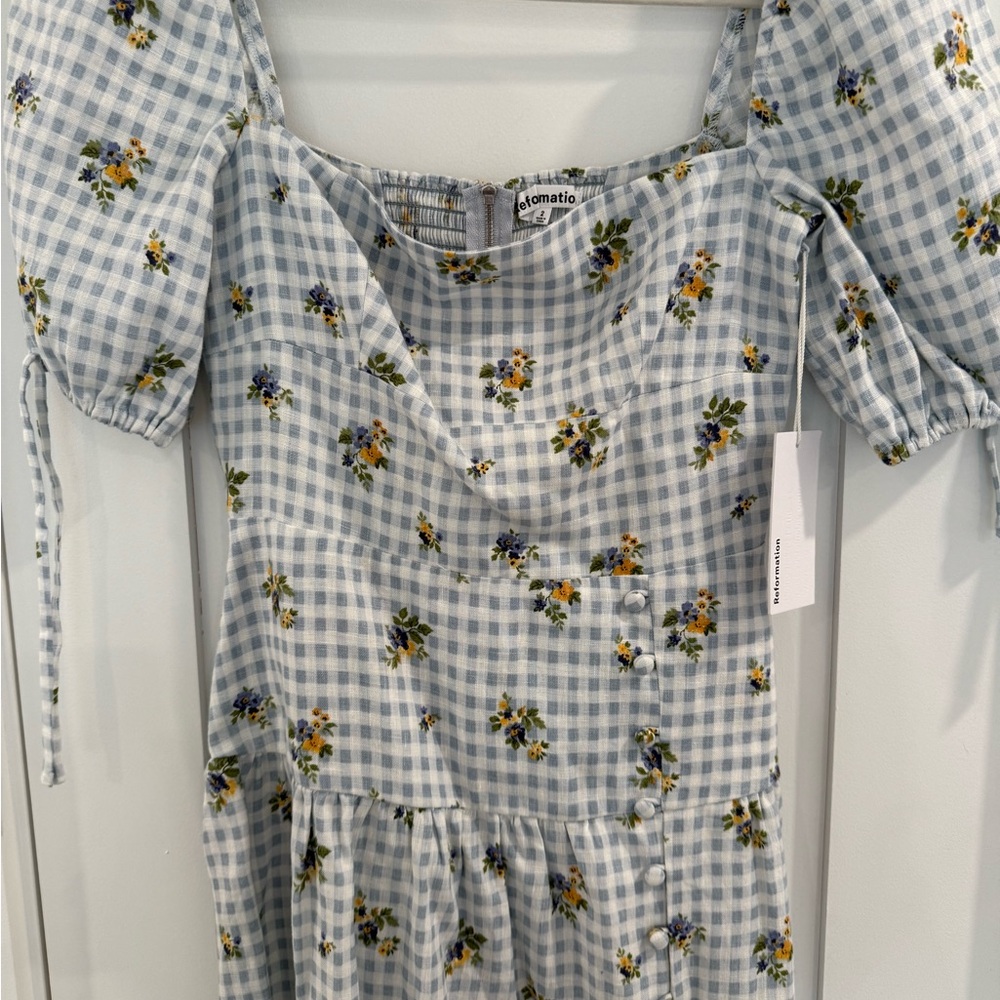 Reformation Light Blue Checkered Floral Dress